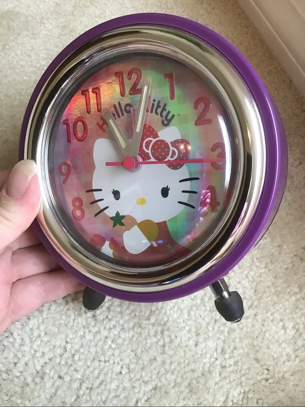 Retro Hello Kitty Alarm Clock, Purple/Pink/Reflective Multicolor, 5”